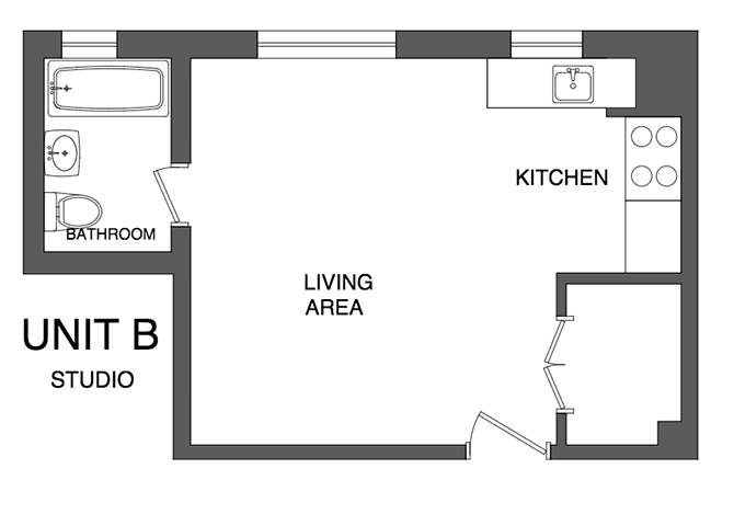 Floor plan for studio, 1 bath, 375 sqft